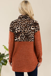 Celeste Curved Hem Leopard Turtleneck Long Sleeve Blouse