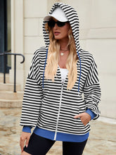 Load image into Gallery viewer, Drawstring Striped Zip Up Long Sleeve Hoodie