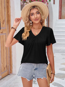 Ruched V-Neck Short Sleeve T-Shirt