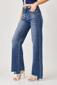 Risen High Rise Frayed Hem Wide Leg Jeans