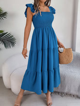 Load image into Gallery viewer, Smocked Square Neck Cap Sleeve Midi Dress