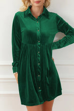 Load image into Gallery viewer, Ruched Button Up Collared Neck Long Sleeve Shirt Dress