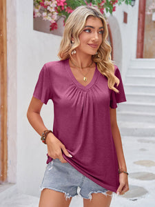 Ruched V-Neck Short Sleeve T-Shirt