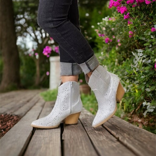 Silver Rhinestone Ankle Cowboy Boots