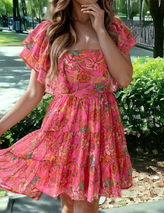 Ruffled Printed Square Neck Dress