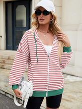 Load image into Gallery viewer, Drawstring Striped Zip Up Long Sleeve Hoodie