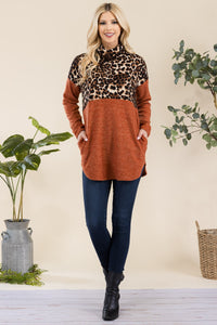 Celeste Curved Hem Leopard Turtleneck Long Sleeve Blouse