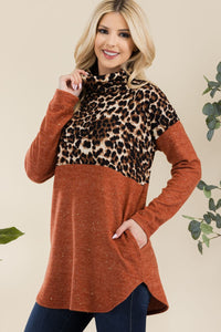 Celeste Curved Hem Leopard Turtleneck Long Sleeve Blouse