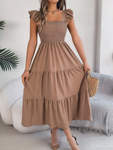 Load image into Gallery viewer, Smocked Square Neck Cap Sleeve Midi Dress