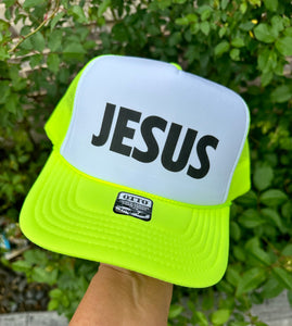 Jesus DTF Printed Neon Yellow & White Trucker Hat