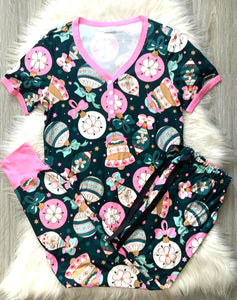 Short Sleeve Jogger PJ Set -#1-Retro Ornaments