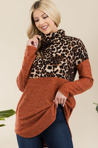 Celeste Curved Hem Leopard Turtleneck Long Sleeve Blouse