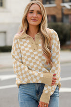 Load image into Gallery viewer, Checkered Collared Neck Long Sleeve Sweater