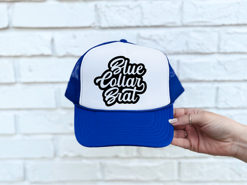 Blue Collar Brat DTF Printed Blue & White Trucker Hat