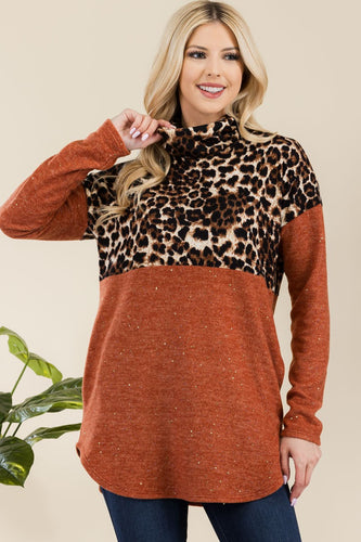 Celeste Curved Hem Leopard Turtleneck Long Sleeve Blouse