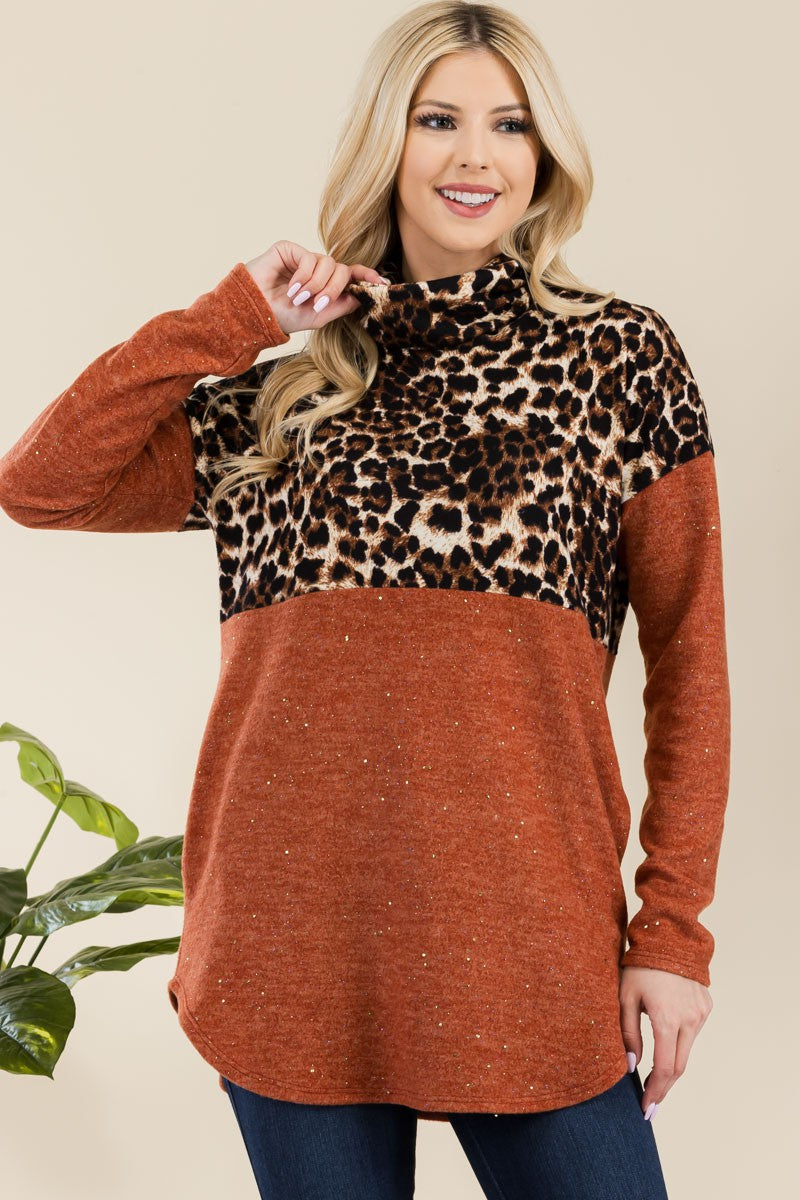 Celeste Curved Hem Leopard Turtleneck Long Sleeve Blouse