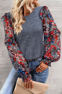 Heathered Floral Frill Lantern Sleeve Blouse