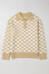 Checkered Collared Neck Long Sleeve Sweater