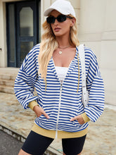 Load image into Gallery viewer, Drawstring Striped Zip Up Long Sleeve Hoodie