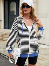 Load image into Gallery viewer, Drawstring Striped Zip Up Long Sleeve Hoodie