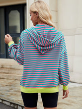 Load image into Gallery viewer, Drawstring Striped Zip Up Long Sleeve Hoodie