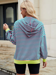 Drawstring Striped Zip Up Long Sleeve Hoodie