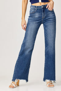 Risen High Rise Frayed Hem Wide Leg Jeans