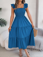 Load image into Gallery viewer, Smocked Square Neck Cap Sleeve Midi Dress