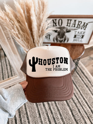 I Am The Problem DTF Printed Brown & Tan Trucker Hat